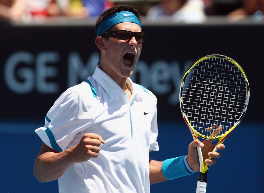 Bernard Tomic of Australia celebrates after winning a point in his first round match against Potito Starace of Italy during day one of the 2009 Australian Open at Melbourne Park on January 19, 2009 in Melbourne, Australia.