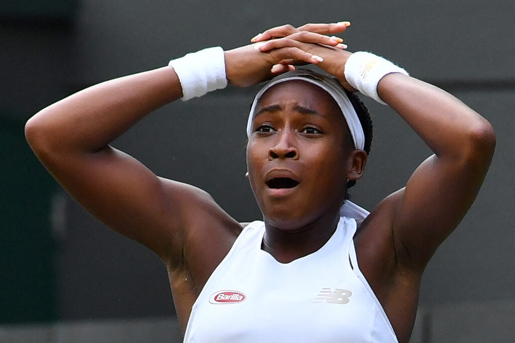 US player Cori Gauff celebrates beating US player Venus Williams during their women's singles first round match on the first day of the 2019 Wimbledon Championships at The All England Lawn Tennis Club in Wimbledon, southwest London, on July 1, 2019.