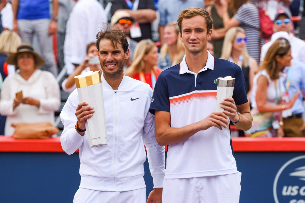Rafael Nadal (ESP) holding his winner trophy standing beside Daniil Medvedev (RUS) holding the second place trophy after the ATP Coupe Rogers final match on August 11, 2019 at IGA Stadium in Montreal, QC