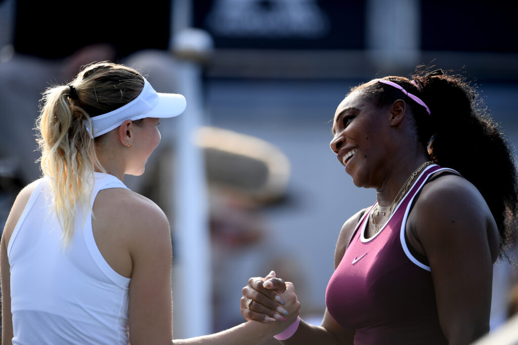 Serena Williams of the USA shakes hands with Amanda Anisimova of the USA after winning her semifinal during day six of the 2020 Women's ASB Classic at ASB Tennis Centre on January 11, 2020 in Auckland, New Zealand.