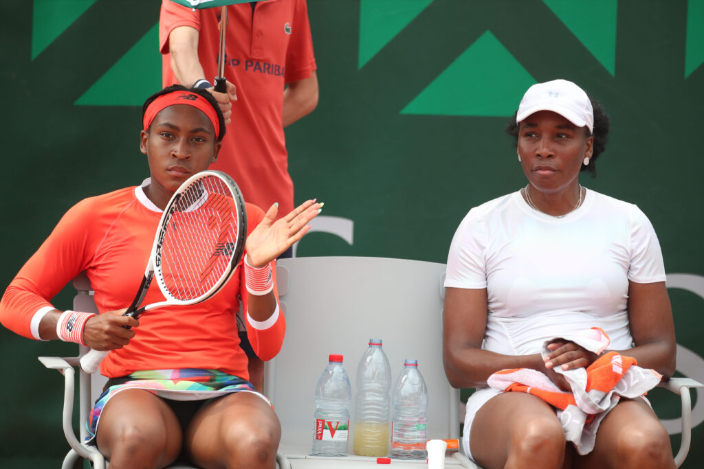 Venus Williams and Coco Gauff of the United States during their doubles match against Saisai Zheng of China and Ellen Perez of Australia on court nine during the second round of the singles competition at the 2021 French Open Tennis Tournament at Roland Garros on June 2nd 2021 in Paris, France.
