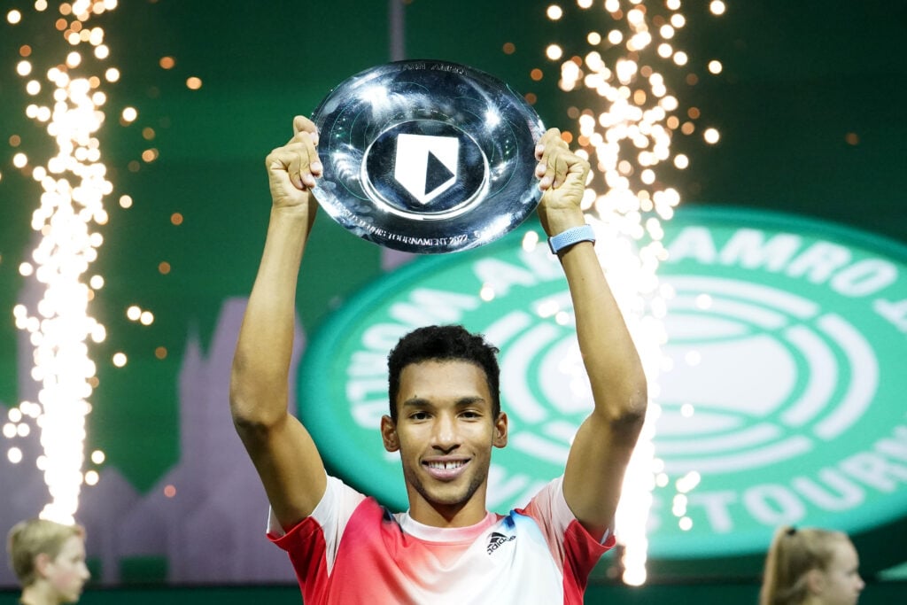 Felix Auger-Aliassime of Canada in action during the final match in singles against Stefanos Tsitsipas of Greece at the 49th ABN AMRO World Tennis Tournement 2022 at Ahoy on February 13, 2022 in Rotterdam, The Netherlands