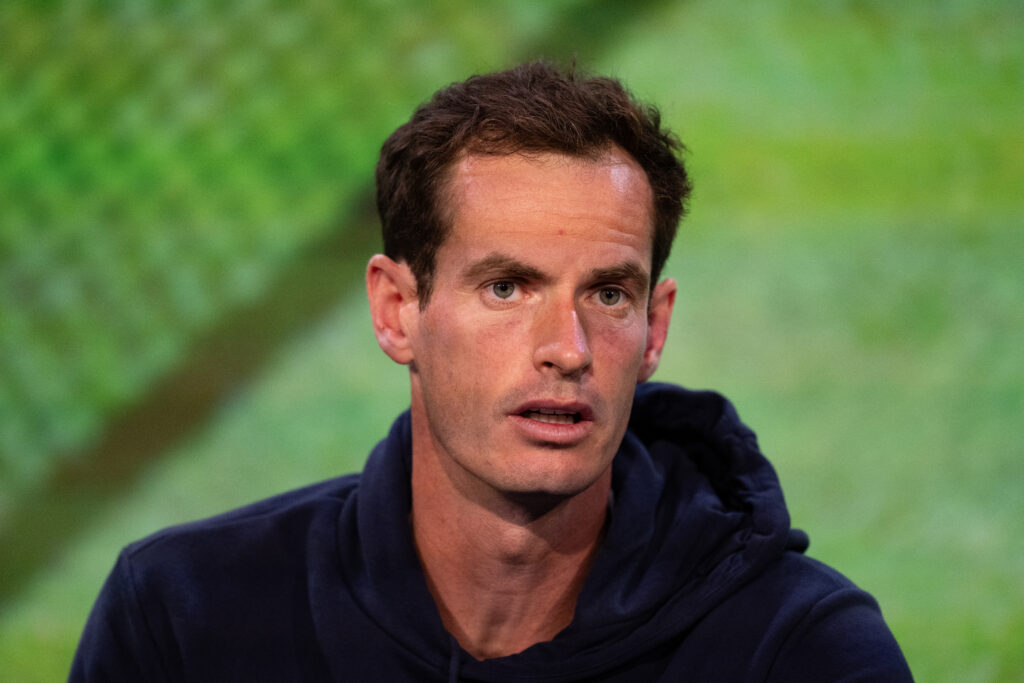 In this handout from the AELTC, Andy Murray of Great Britain speaks to the media in a pre-tournament press conference in the Media Theatre in the Broadcast Centre at The Championships 2023
