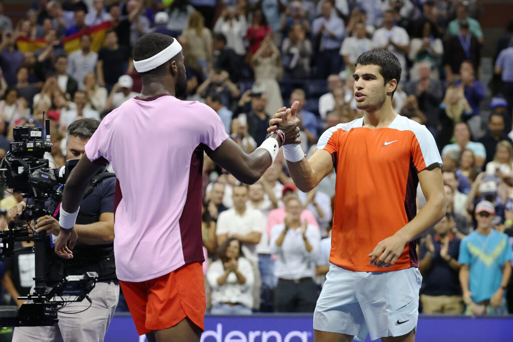 Carlos Alcaraz of Spain shakes hands after defeating Frances Tiafoe of the United States during their Men’s Singles Semifinal match on Day Twelve of the 2022 US Open at USTA Billie Jean King National Tennis Center on September 09, 2022 in the Flushing neighborhood of the Queens borough of New York City.
