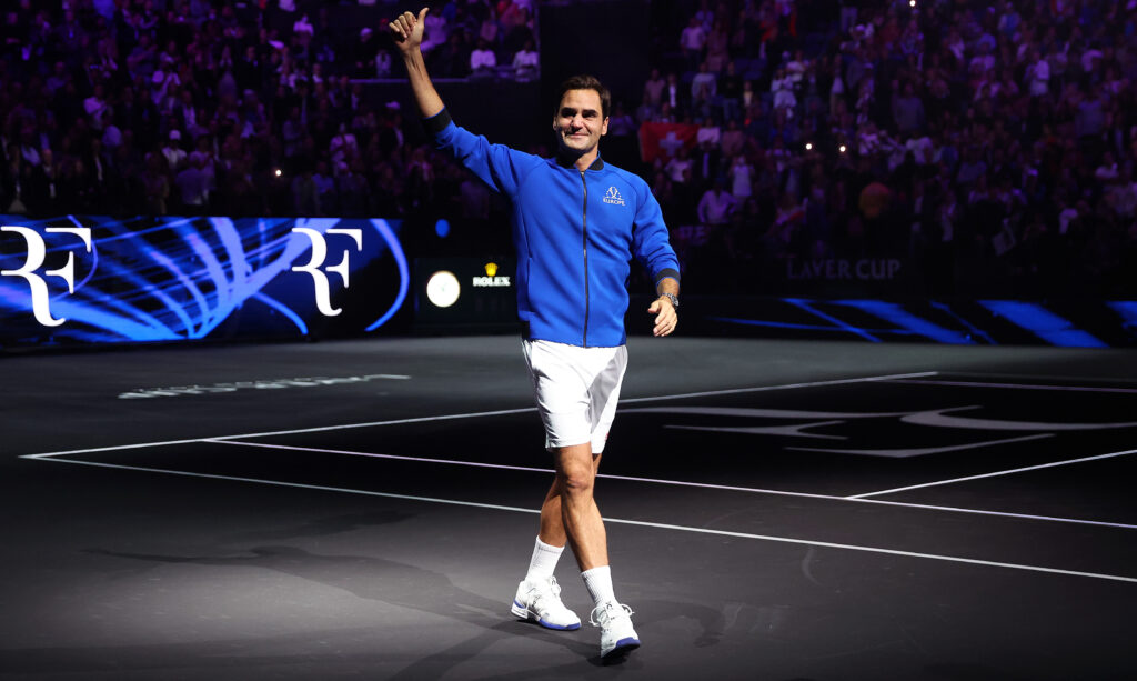 Roger Federer of Team Europe thanks the support as he has an emotional farewell following the doubles match between Jack Sock and Frances Tiafoe of Team World and Roger Federer and Rafael Nadal of Team Europe during Day One of the Laver Cup at The O2 Arena on September 23, 2022 in London, England.