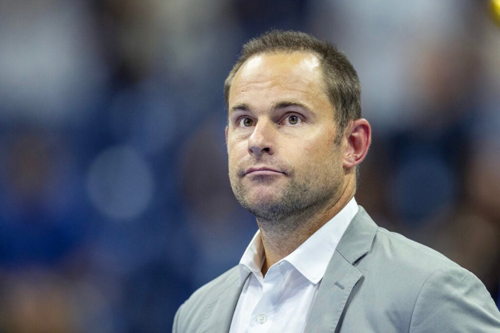 Andy Roddick at the trophy presentations after the Men's Singles Final on Arthur Ashe Stadium during the US Open Tennis Championship 2023 at the USTA National Tennis Centre on September 10th, 2023 in Flushing, Queens, New York City.