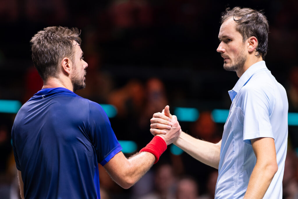 Stan Wawrinka of Switzerland interacts with Daniil Medvedev during Day One of the ABN AMRO Open at Rotterdam Ahoy on February 3, 2025 in Rotterdam, Netherlands.