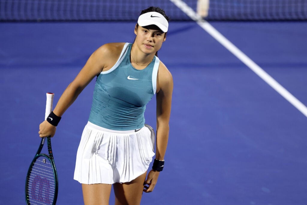 Emma Raducanu of Great Britain looks on while playing against Karolina Muchova of the Czech Republic in their second round match during day three of the Dubai Duty Free Tennis Championships, part of the Hologic WTA Tour at Dubai Duty Free Tennis Stadium on February 18, 2025 in Dubai, United Arab Emirates.