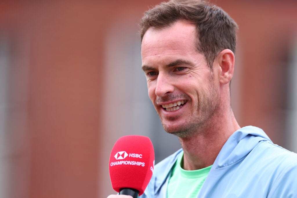 Sir Andy Murray is interviewed as centre court is named after him at The Queen's Club on June 9, 2025 in London, England.