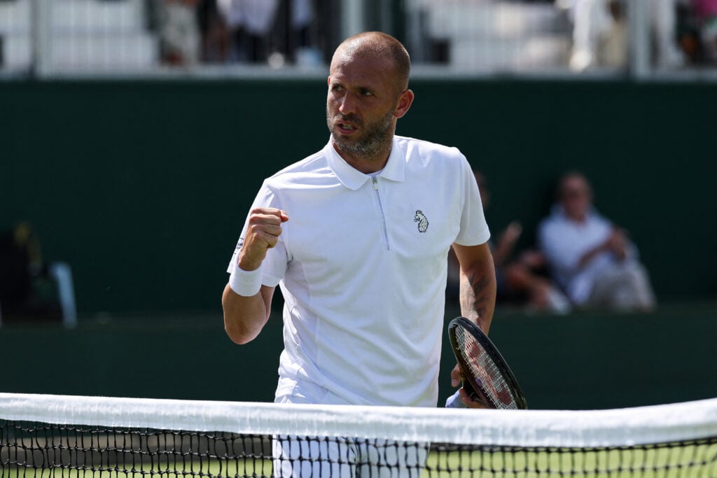 Britain's Daniel Evans reacts as he plays against Britain's Jay Clarke during their men's singles first round tennis match on the second day of the 2025 Wimbledon Championships at The All England Lawn Tennis and Croquet Club in Wimbledon, southwest London, on July 1, 2025.