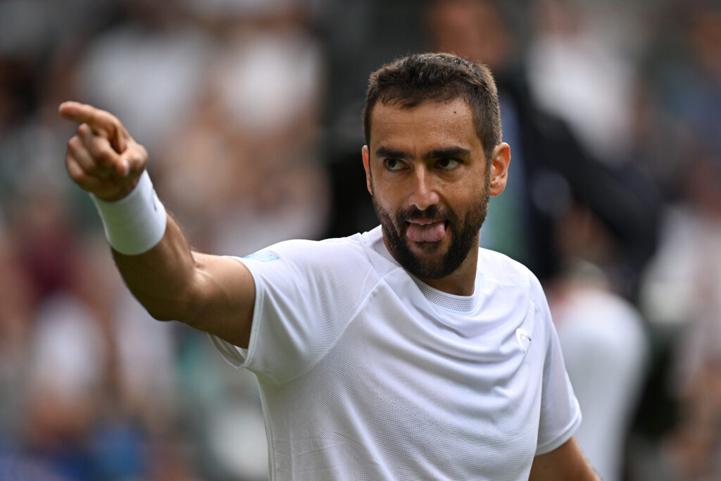 Marin Cilic of Croatia celebrates victory against Jack Draper of Great Britain in the Gentlemen's Singles second round match on day four of The Championships Wimbledon 2025 at All England Lawn Tennis and Croquet Club on July 03, 2025 in London, England.