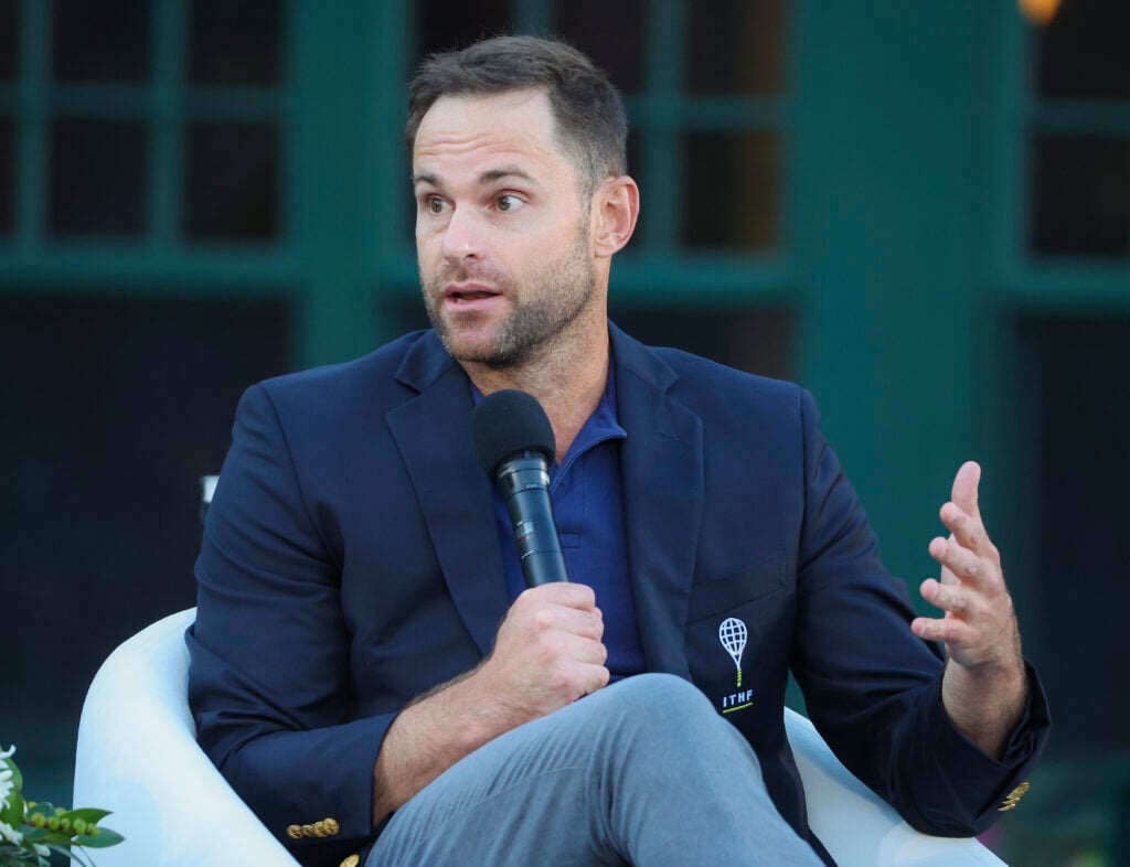 Andy Roddick speaks during the International Tennis Hall of Fame induction ceremony for the Class of 2025 at the International Tennis Hall of Fame on August 23, 2025.