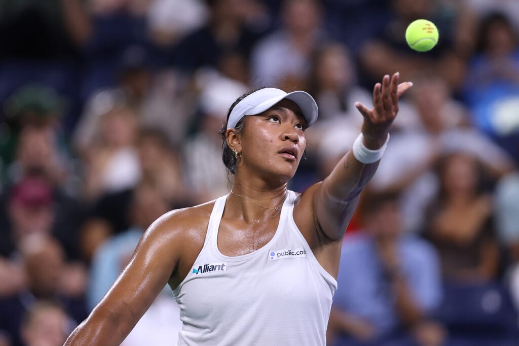 Destanee Aiava of Australia serves against Jasmine Paolini of Italy during their Women's Singles First Round match on Day One of the 2025 US Open at USTA Billie Jean King National Tennis Center on August 24, 2025 in the Flushing neighborhood of the Queens borough of New York City.