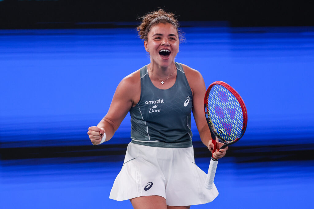 Jasmine Paolini of Italy celebrates her win against Iga Świątek of Poland in the Women's Singles Round of 8 match during day seven of the 2025 Wuhan Open at Optics Valley International Tennis Center on October 10, 2025 in Wuhan, China.
