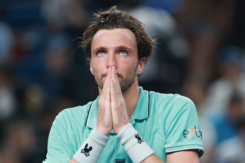 Arthur Rinderknech of France celebrate after winning against Daniil Medvedev after the Men's singles Semifinals on day 13 of the 2025 Shanghai Rolex Masters at Qi Zhong Tennis Center on October 11, 2025 in Shanghai, China.
