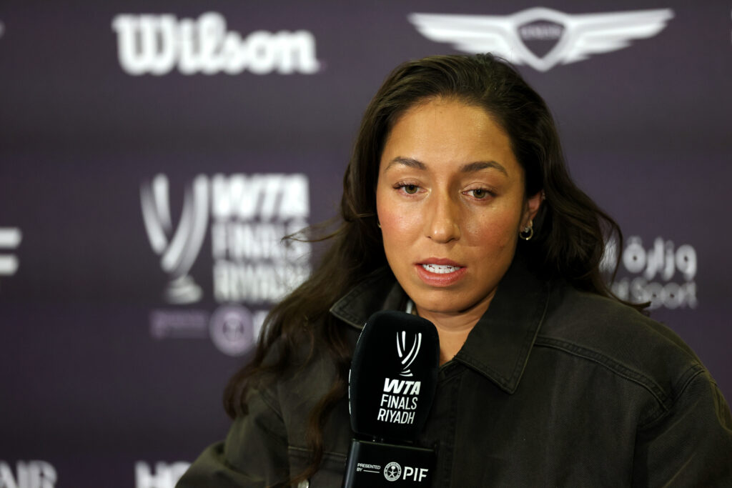 Jessica Pegula of United States speaks to the media during a press conference ahead of WTA Finals Riyadh as part of the Hologic WTA Tour 2025 at King Saud University Indoor Stadium on October 31, 2025 in Riyadh, Saudi Arabia.