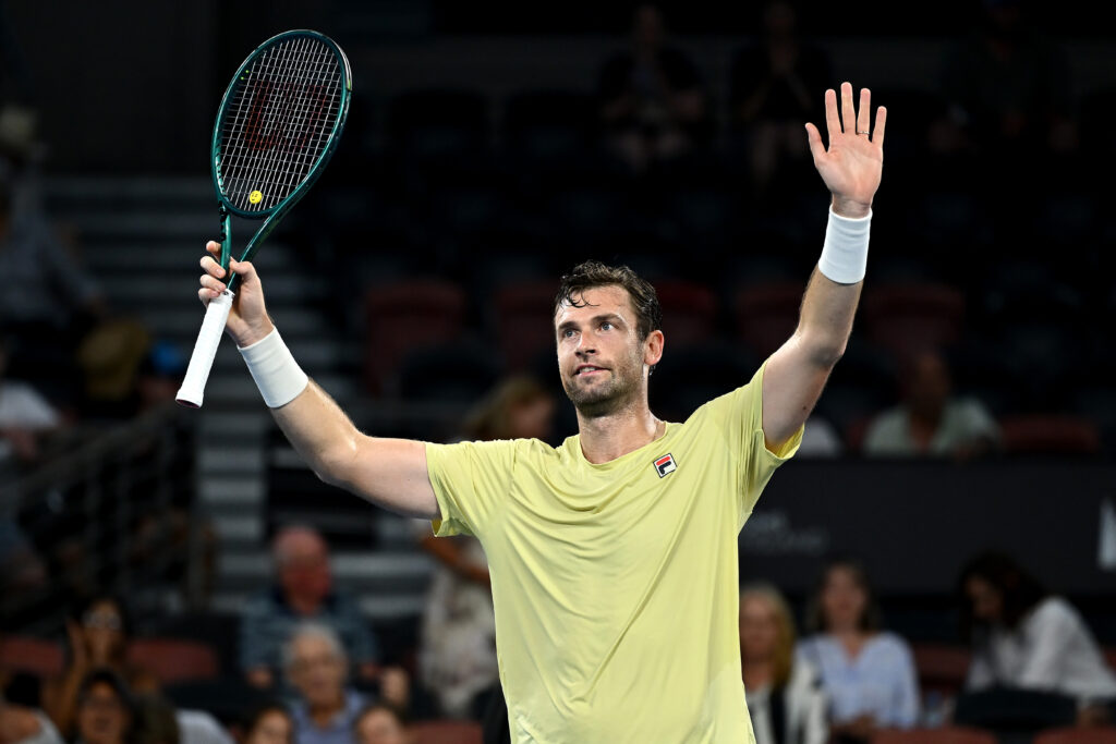 Quentin Halys of France celebrates match point in his first round Men's Singles match against Alexei Popyrin of Australia during day two of the 2026 Brisbane International at Pat Rafter Arena on January 05, 2026 in Brisbane, Australia.