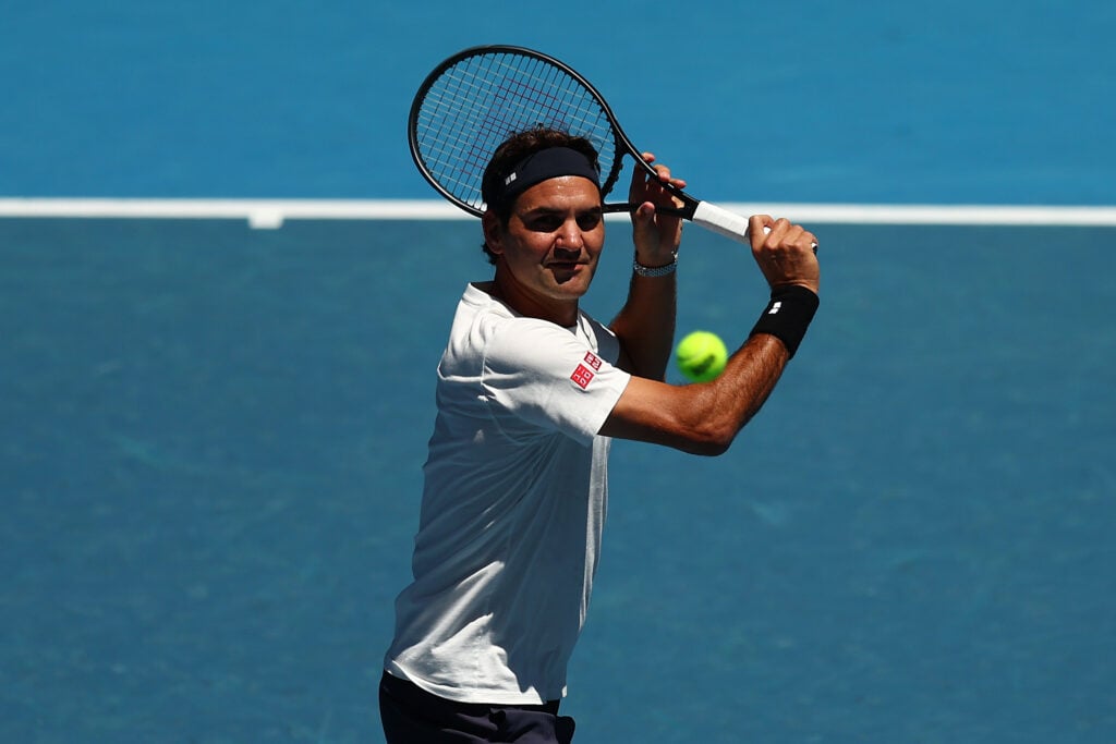 Roger Federer of Switzerland plays a backhand during a practice session ahead of the 2026 Australian Open at Melbourne Park on January 16, 2026 in Melbourne, Australia.