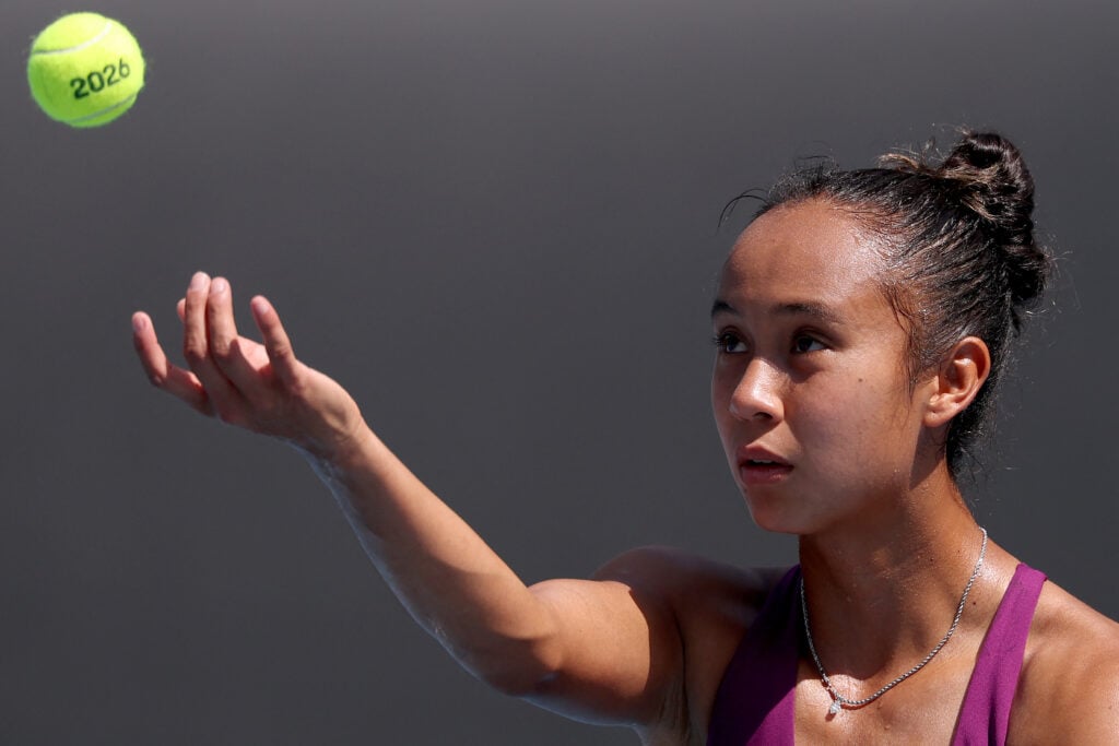 Canada's Leylah Fernandez serves to Indonesia's Janice Tjen during their women's singles match on day three of the Australian Open tennis tournament in Melbourne on January 20, 2026.