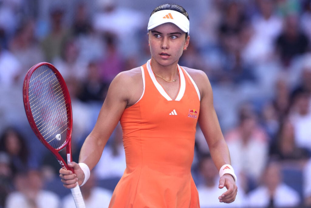 USA's Iva Jovic reacts after a point against Italy's Jasmine Paolini during their women's singles match on day six of the Australian Open tennis tournament in Melbourne on January 23, 2026.