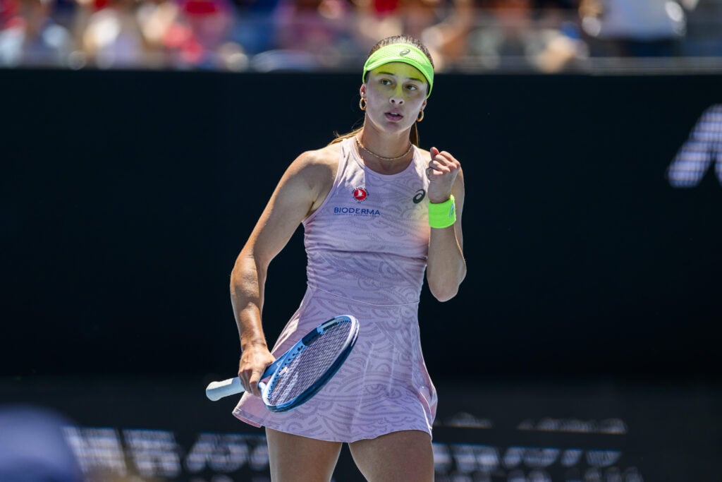 Zeynep Sonmez (TUR) reaction after scoring a point against Yulia
Putintseva (not seen) during round 3 at the Australian Open grand slam tennis tournament at Melbourne Park in Melbourne, Australia on January 23, 2026