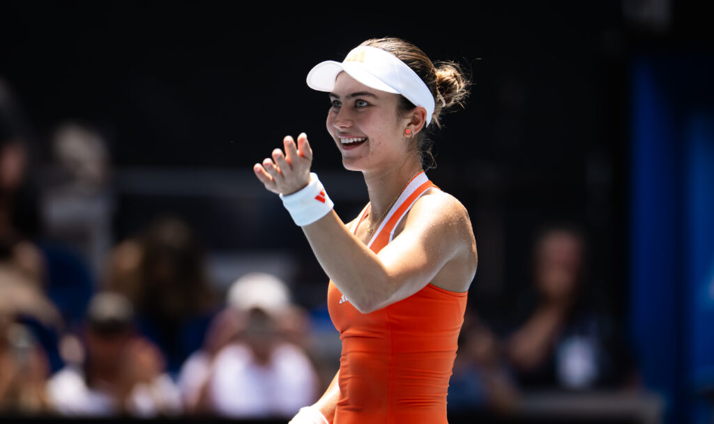 Iva Jovic of the United States reacts to defeating Yulia Putintseva of Kazakhstan in the fourth round on Day 8 of the 2026 Australian Open at Melbourne Park on January 25, 2026 in Melbourne, Australia