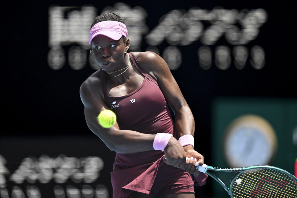 Victoria Mboko (CAN) in action against Aryna Sabalenka (not seen) during round 4 at the Australian Open grand slam tennis tournament at Melbourne Park in Melbourne, Australia on January 25, 2026
