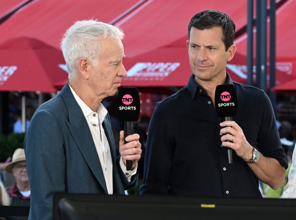 John McEnroe (L) and Tim Henman working for TNT Sports during the 2026 Australian Open at Melbourne Park on January 22, 2026 in Melbourne, Australia.