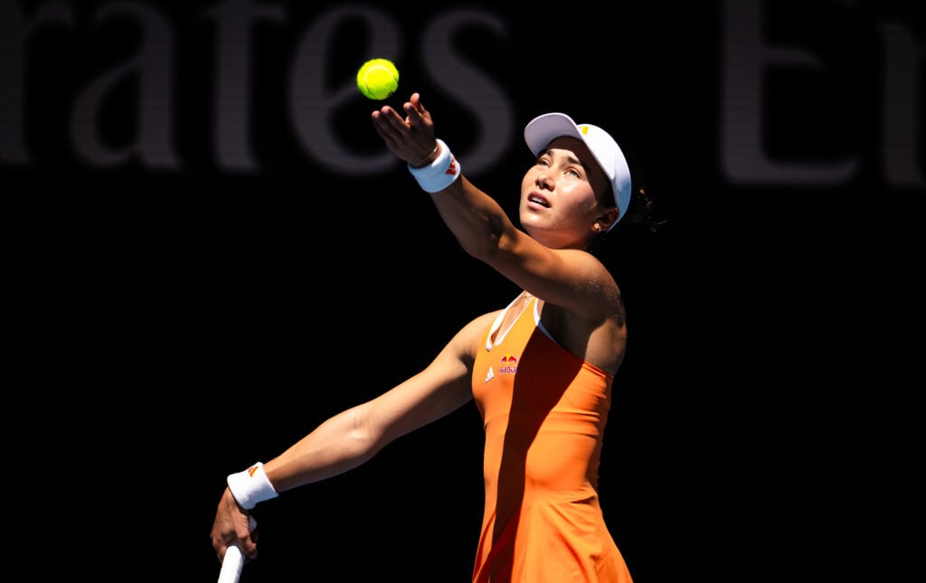Iva Jovic of the United States in action against Aryna Sabalenka in the quarter-final on Day 10 of the 2026 Australian Open at Melbourne Park on January 27, 2026 in Melbourne, Australia