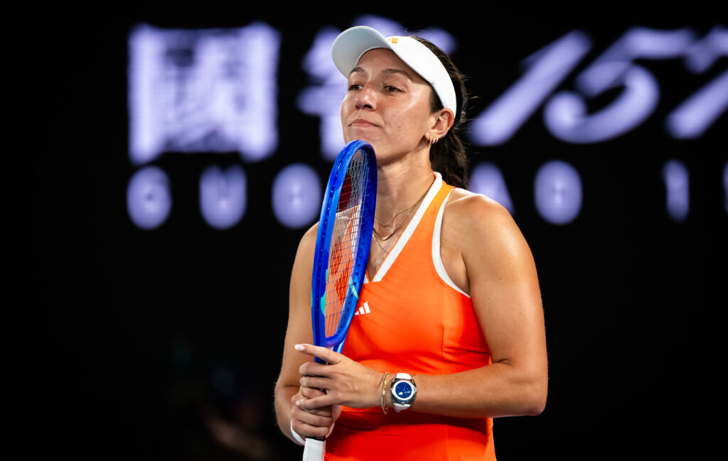 Jessica Pegula of the United States in action against Elena Rybakina of Kazakhstan in the semi-final on Day 12 of the 2026 Australian Open at Melbourne Park on January 29, 2026 in Melbourne, Australia