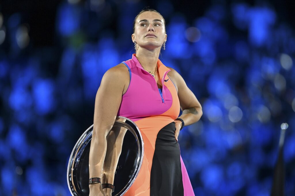 Aryna Sabalenka speaks to the audience after receiving her runners up plate after losing to Elena Rybakina (KAZ) (not seen) during presentations at the Womenâs Singles - Final match at the Australian Open grand slam tennis tournament at Melbourne Park in Melbourne, Australia on January 31, 2026