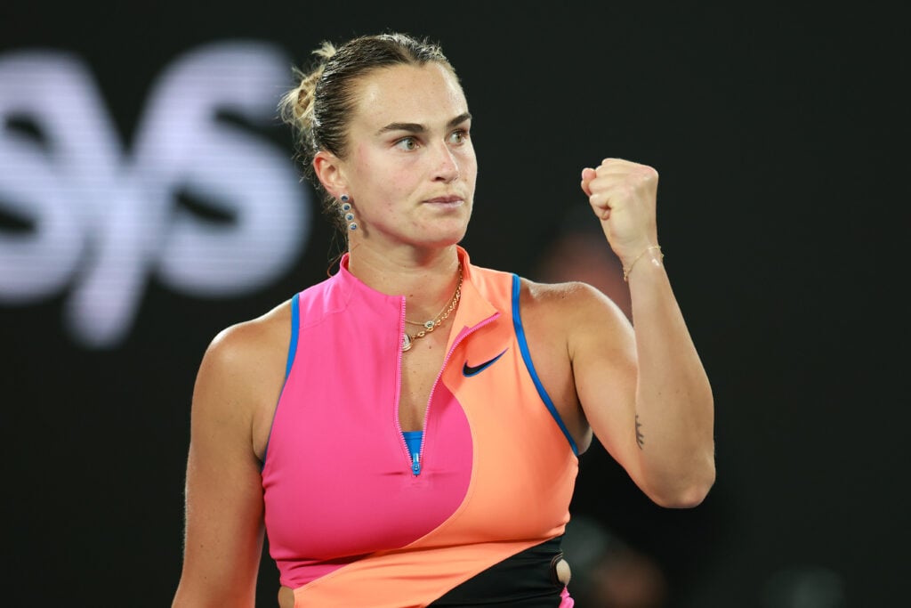 Aryna Sabalenka celebrates a point in the Women's Singles Semifinal match against Elina Svitolina of Ukraine during day 12 of the 2026 Australian Open at Melbourne Park on January 29, 2026 in Melbourne, Australia.