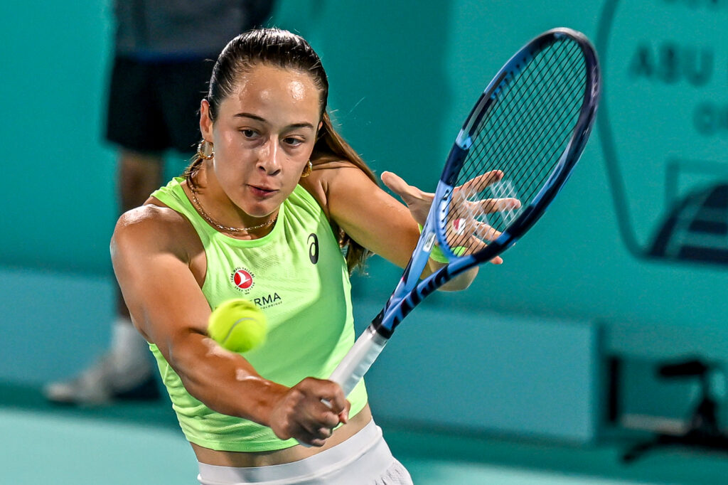 Zeynep Sonmez of Turkiye in action against Alexandra Eala (not seen) of Philippines at the womenâs singles match during the Mubadala Abu Dhabi Open at the Zayed Sports City International Tennis Centre in Abu Dhabi, United Arab Emirates on February 2, 2026.