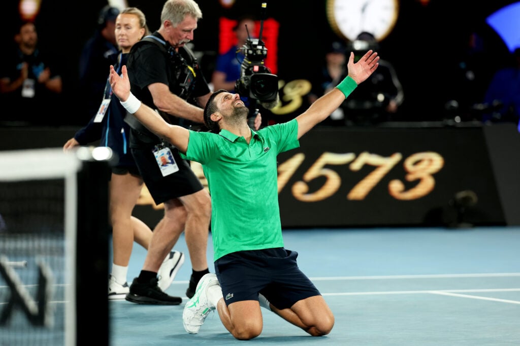 Novak Djokovic of Serbia celebrates his victory in the Men's Singles Semifinal against Jannik Sinner of Italy during day 13 of the 2026 Australian Open at Melbourne Park on January 30, 2026 in Melbourne, Australia.