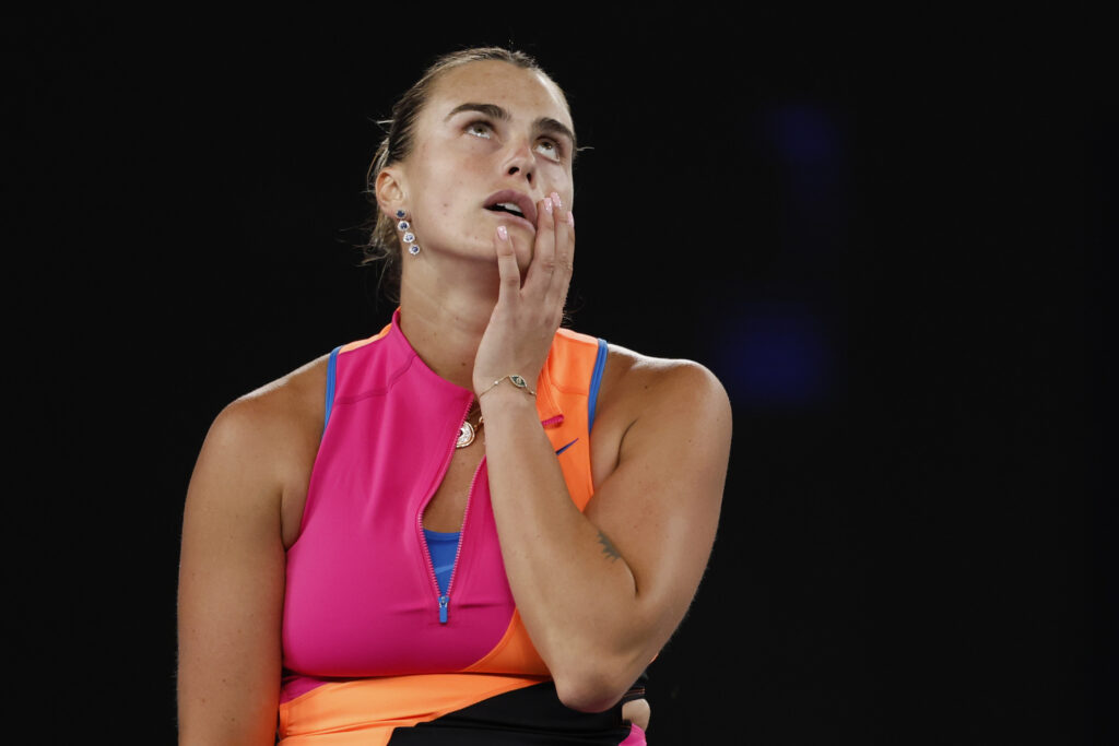 Aryna Sabalenka reacts in the Women's Singles Final against Elena Rybakina of Kazakhstan during day 14 of the 2026 Australian Open at Melbourne Park on January 31, 2026 in Melbourne, Australia.