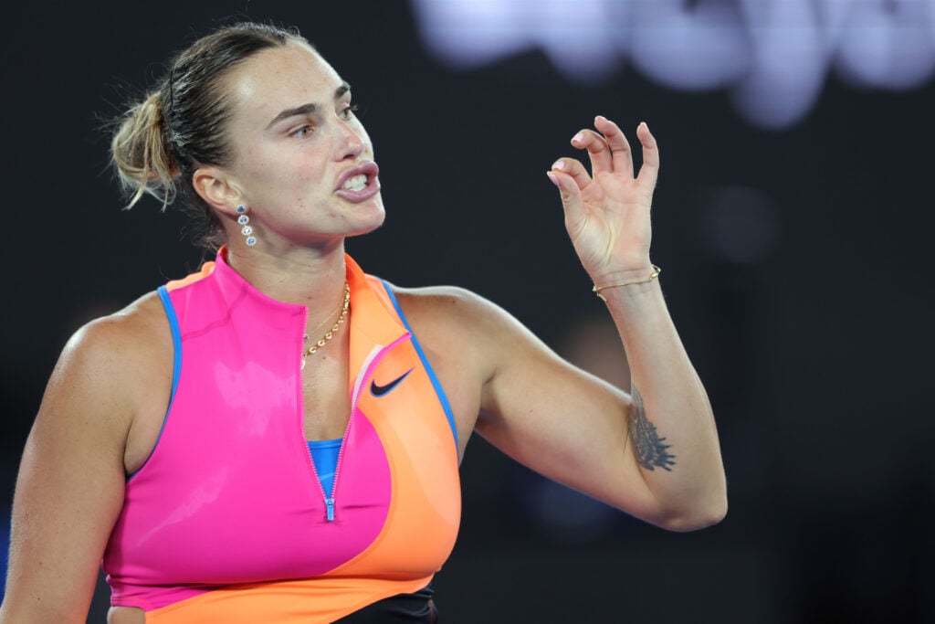 Aryna Sabalenka reacts in the Women's Singles Final match against Elena Rybakina of Kazakhstan on day 14 of the 2026 Australian Open at Melbourne Park on January 31, 2026 in Melbourne, Australia.