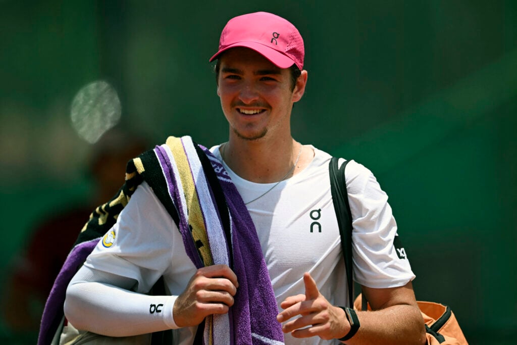 Brazilian tennis player Joao Fonseca smiles after a training session open to media at the Itanhanga Golf Club in Rio de Janeiro, Brazil, on February 05, 2026.
