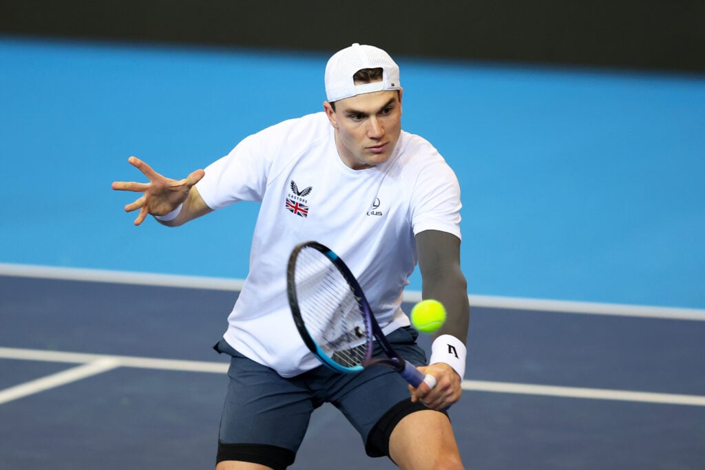 Jack Draper of Team Great Britain plays a volley during a practise session prior to the Davis Cup Qualifier first round match between Norway and Great Britain at Nadderud Arena on February 02, 2026 in Oslo, Norway.
