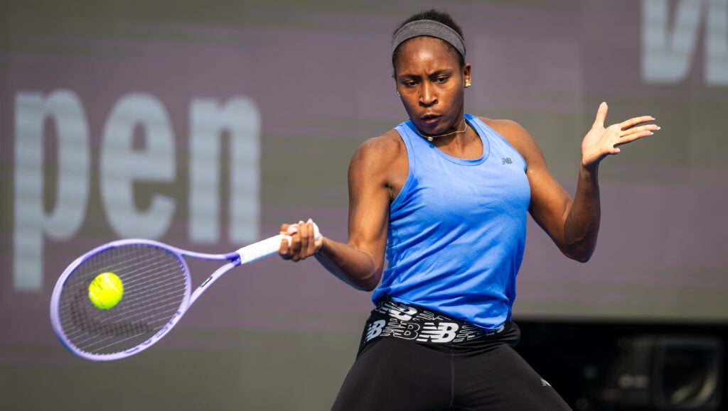 Coco Gauff of the United States during practice ahead of the Qatar TotalEnergies Open, part of the Hologic WTA Tour at Khalifa International Tennis and Squash Complex on February 07, 2026 in Doha, Qatar