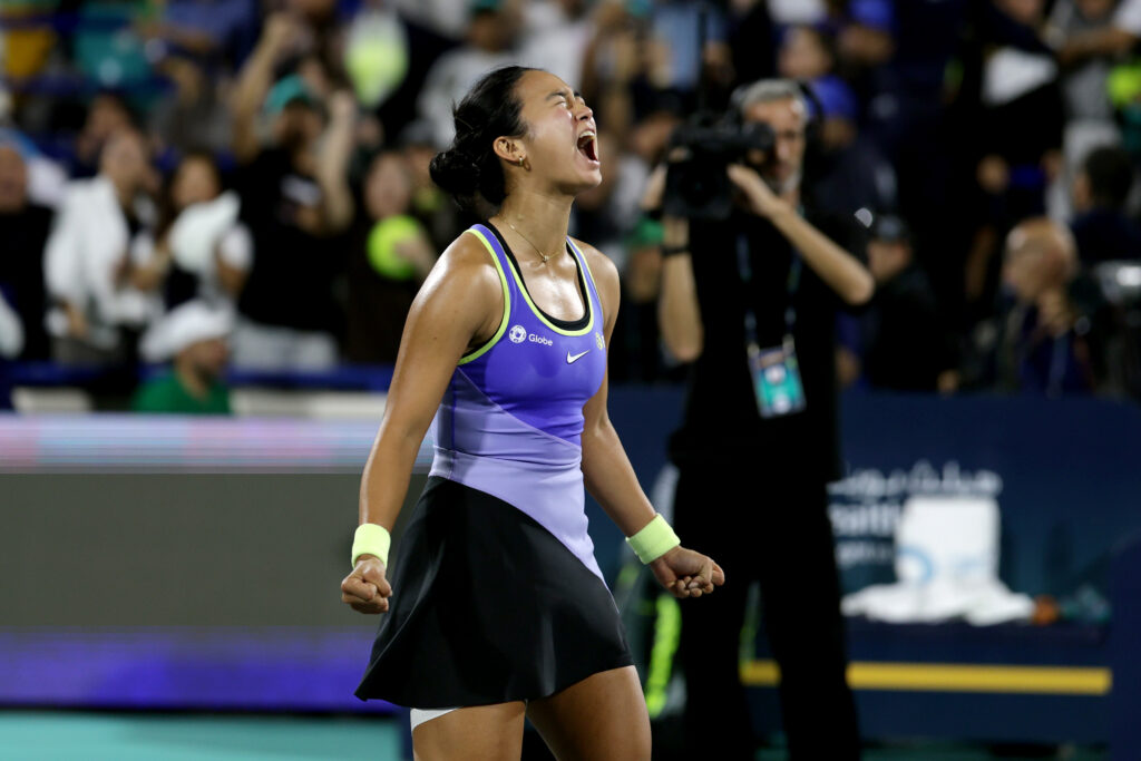 Alexandra Eala of the Philippines celebrates victory over Aliaksandra Sasnovich in the second round during day four of the Mubadala Abu Dhabi Open.
