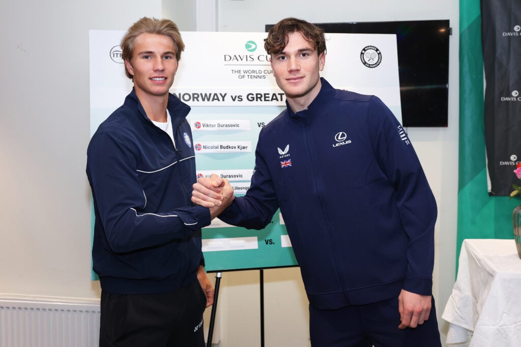 Nicolai Budkov Kjaer of Team Norway and Jack Draper of Team Great Britain pose for a photo following the match draw prior to the Davis Cup Qualifier first round match between Norway and Great Britain at Nadderud Arena on February 04, 2026 in Oslo, Norway.