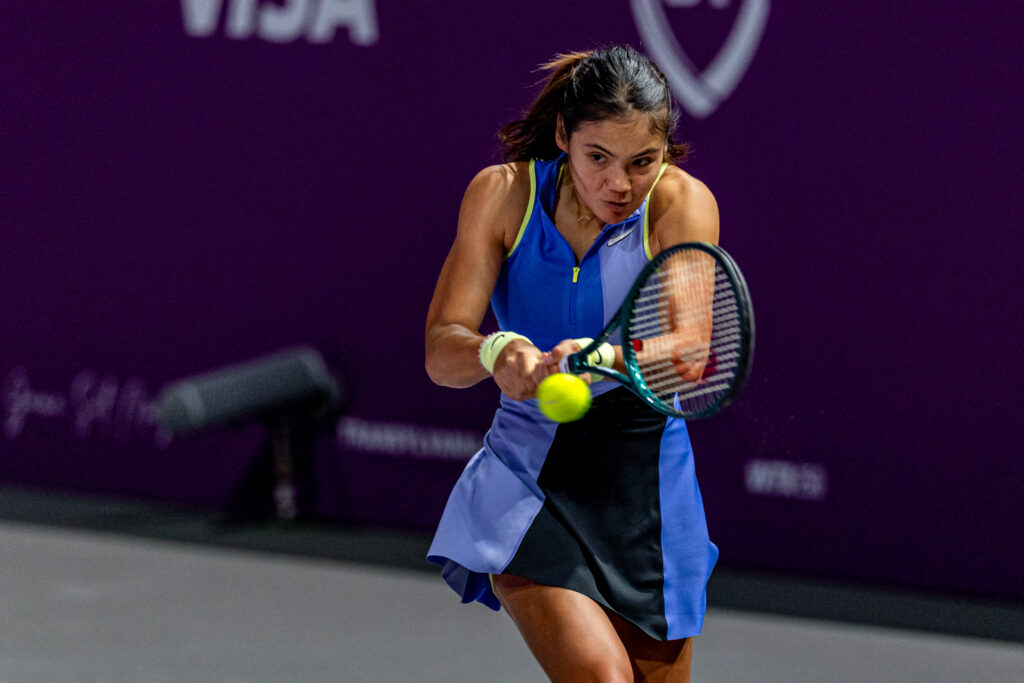 Emma Raducanu of Great Britain in action against Maja Chwalinska of Poland during the WTA 250 Transylvania Open tournament in BT Arena, on February 05, 2026 in Cluj-Napoca, Romania.