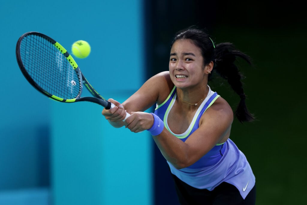 Alexandra Eala of the Philippines plays a backhand against Ekaterina Alexandrova in their quarter final match during day five of the Mubadala Abu Dhabi Open, part of the Hologic WTA Tour, at Zayed Sports City on February 05, 2026 in Abu Dhabi, United Arab Emirates.