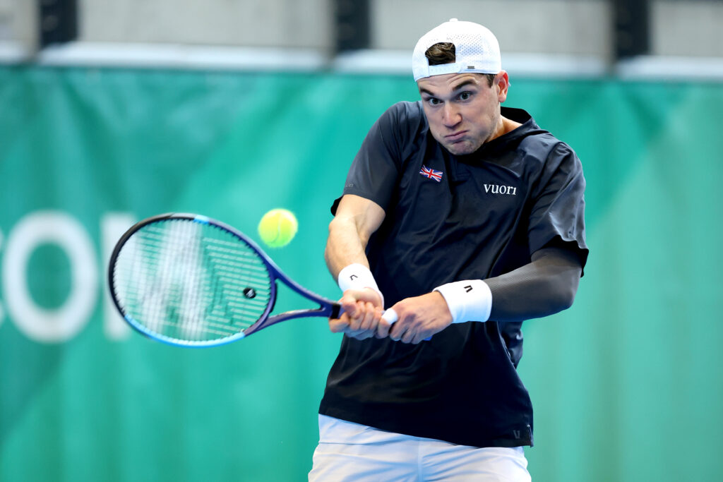Jack Draper of Team Great Britain plays a backhand on the first match against Viktor Durasovic of Team Norway during the Davis Cup Qualifier first round match between Norway and Great Britain at Nadderud Arena on February 05, 2026 in Oslo, Norway.