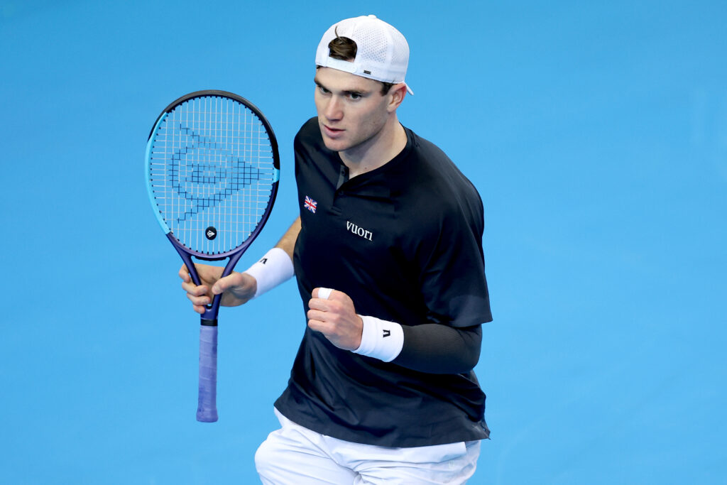 Jack Draper of Team Great Britain celebrates after winning the first match against Viktor Durasovic of Team Norway during the Davis Cup Qualifier first round match between Norway and Great Britain at Nadderud Arena on February 05, 2026 in Oslo, Norway.