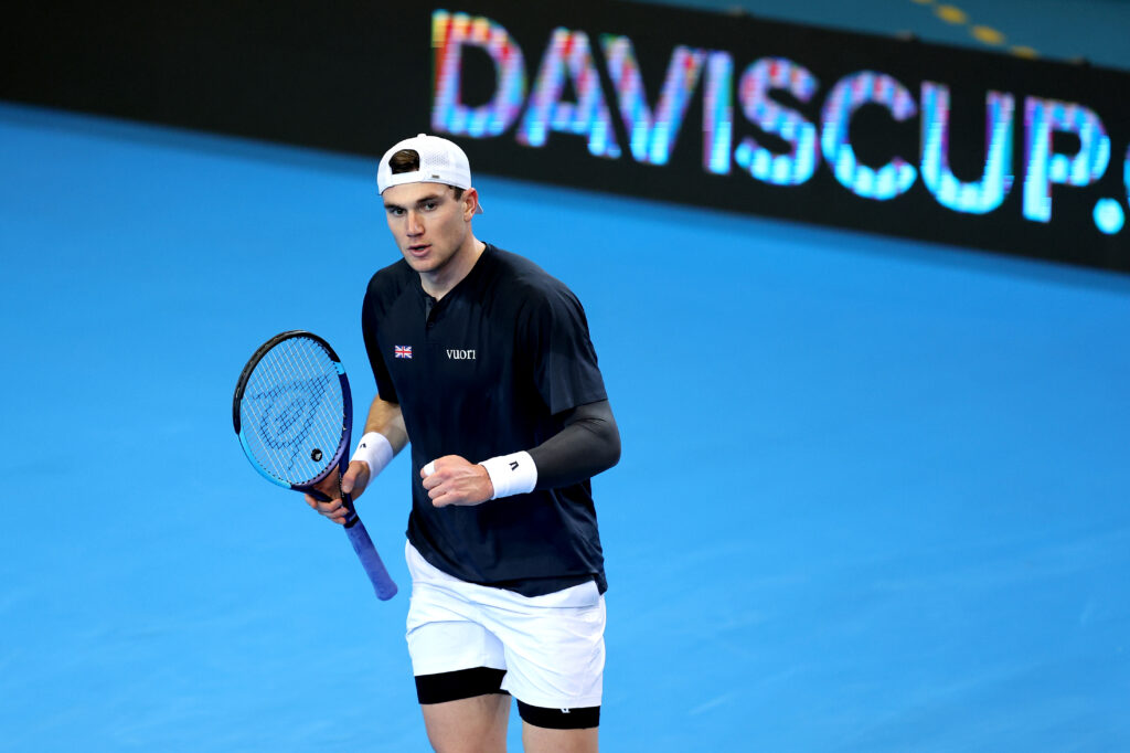 Jack Draper of Team Great Britain celebrates a point on the first match against Viktor Durasovic of Team Norway during the Davis Cup Qualifier first round match between Norway and Great Britain at Nadderud Arena on February 05, 2026 in Oslo, Norway.