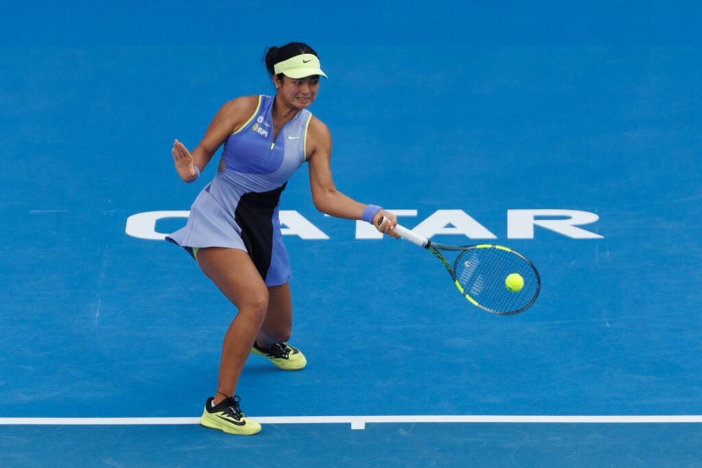 Alexandra Eala of the Philippines plays a forehand against Tereza Valentova of the Czech Republic during the Qatar TotalEnergies Open, part of the Hologic WTA Tour at Khalifa International Tennis and Squash Complex on February 9, 2026 in Doha, Qatar.