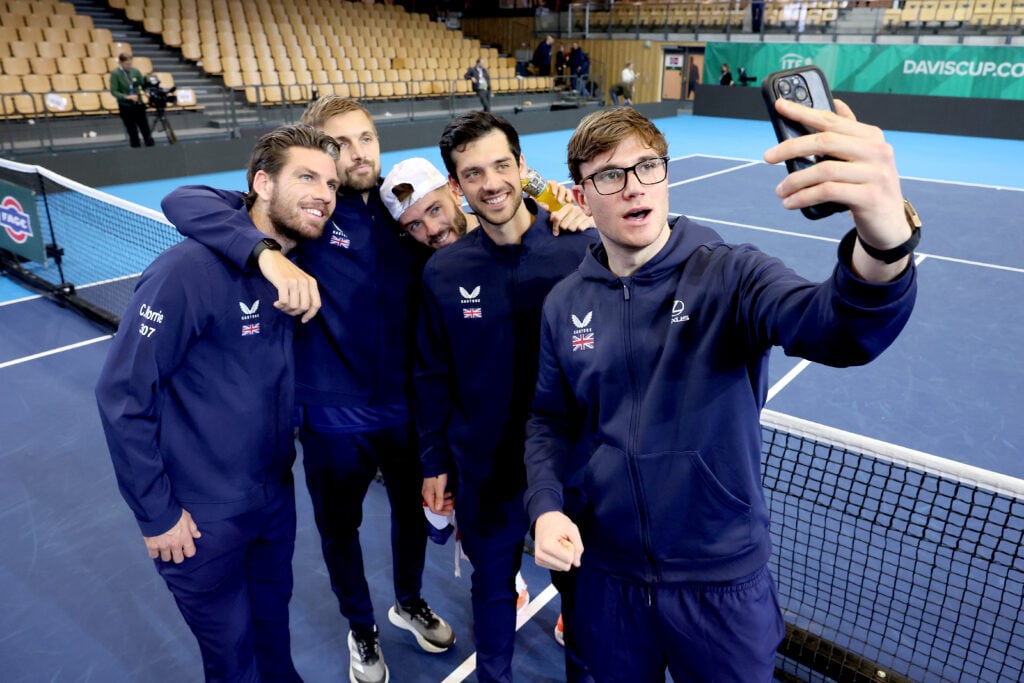 Players of Team Great Britain take a selfie after their victory during the Davis Cup Qualifier first round match between Norway and Great Britain at Nadderud Arena on February 06, 2026 in Oslo, Norway.