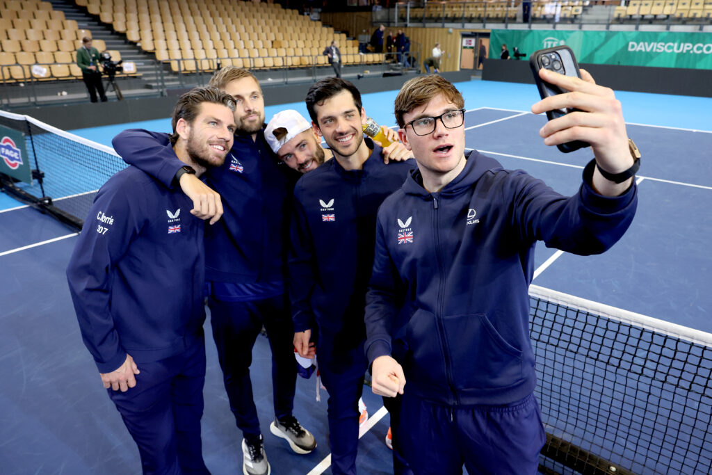 Players of Team Great Britain take a selfie after their victory during the Davis Cup Qualifier first round match between Norway and Great Britain at Nadderud Arena on February 06, 2026 in Oslo, Norway.