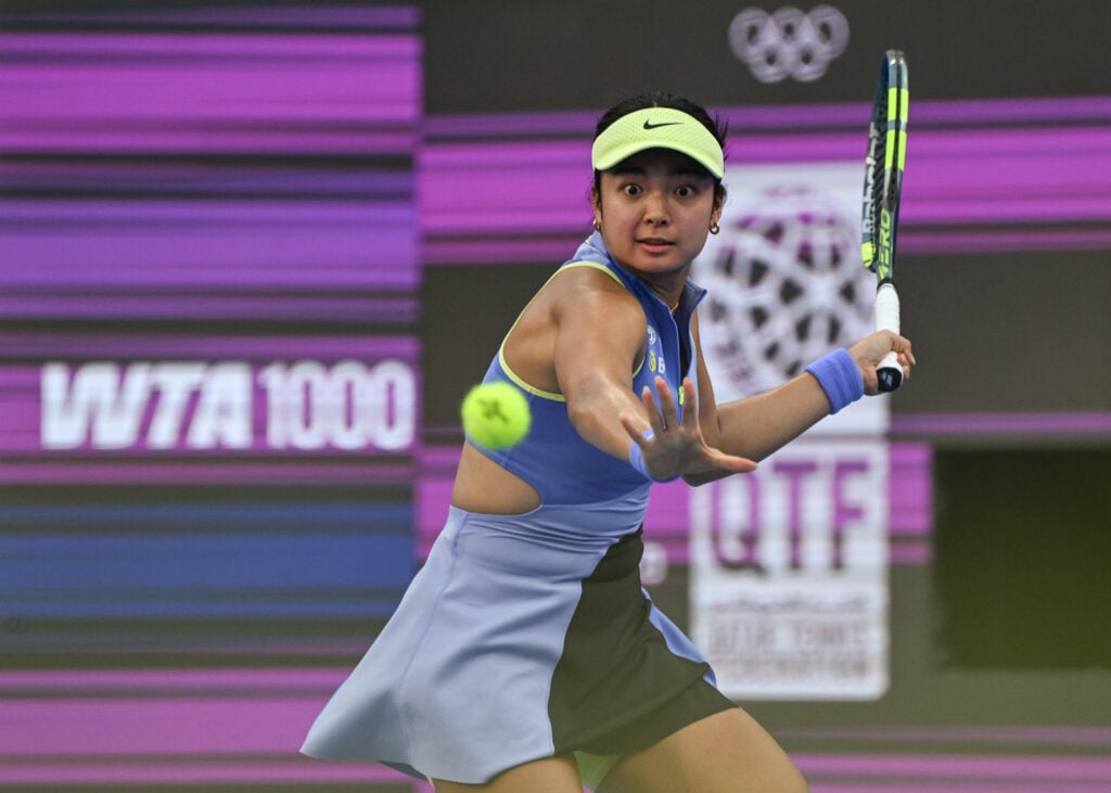 Alexandra Eala of the Philippines in action against Tereza Valentova of the Czech Republic in the first round on Day Two of the Qatar TotalEnergies Open, part of the Hologic WTA Tour at the Khalifa International Tennis and Squash Complex on February 9, 2026 in Doha, Qatar.